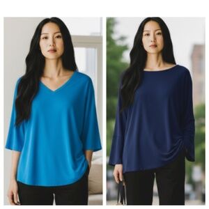 Lot (2) Susan Graver Essentials 3X 22 24 Shirt Top Tunic Blue Liquid Knit